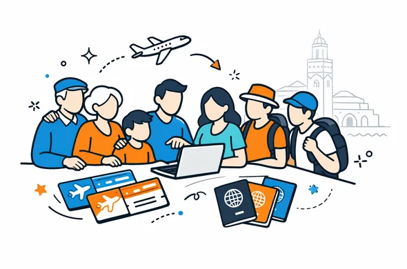 Flat semi-flat vector illustration of a multigenerational family and a small tour group planning flights to Morocco around a laptop, with abstract flight tickets and passports on the table, modern tech style, deep blue and turquoise as primary colors with warm desert orange accent, calm and organized atmosphere, minimalist background with a faint outline of the Hassan II Mosque in Casablanca, faceless neutral-toned abstract characters, 2D or isometric perspective
