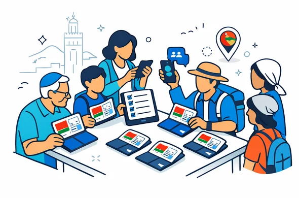 Flat vector illustration with clean lines, modern tech feel, isometric composition. A multigenerational Israeli family and an organized heritage tour group gathered around a tidy table, calmly checking passports that show stylized Morocco visa stickers. One person holds a tablet with a checklist UI, another holds a phone with a group chat icon. Primary palette deep blue and turquoise (Aid-Air brand feel), Morocco accent colors red and green with subtle desert gold. Minimal white and light grey background with a faint outline silhouette of the Koutoubia Mosque in Marrakech and a small abstract Morocco map pin. Faceless abstract characters, neutral skin tones, no readable text, no logos, no photorealism, safe organized atmosphere.
