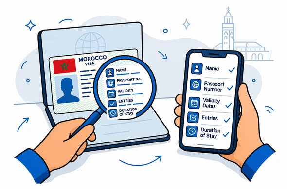 Semi-flat vector illustration, 2D close-up with clean lines and modern UI icons. An open passport on a desk shows a stylized Morocco visa sticker. A magnifying glass highlights key fields: name, passport number, validity dates, entries, duration of stay. A smartphone next to it displays a zoomed checklist with simple icons and checkmarks. Primary colors deep blue and turquoise, Morocco accent colors red and green. Minimal white grey background with a faint silhouette outline of the Hassan II Mosque in Casablanca. Faceless minimal hands only, no readable text, calm and precise, not photorealistic.