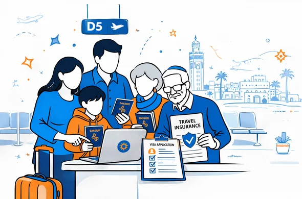 Semi flat vector illustration of a large multigenerational family group at an airport gate, abstract faceless characters holding passports visa documents and travel insurance papers, deep blue and turquoise with warm Moroccan orange accents, minimalist background with faint outline of Marrakesh old city, calm organized family travel mood
