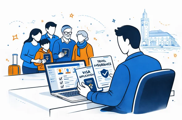 Flat vector illustration of a digital visa expert sitting at a desk with a laptop, organizing group visa applications and travel insurance documents for a trip to Morocco, abstract faceless characters of travelers in the background, deep blue and turquoise with Moroccan orange accents, faint outline of Hassan II Mosque in the background, clean modern interface style