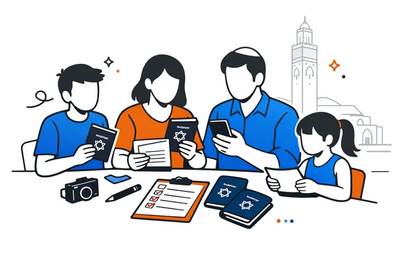Flat vector illustration of an Israeli family preparing passports and travel documents for a group roots trip to Morocco, abstract faceless characters sitting at a table with passports, checklist and smartphone, modern digital office style, deep blue and turquoise with warm terracotta Moroccan accents, calm and organized atmosphere, minimalist white background with a faint outline of the Hassan II Mosque in Casablanca in the distance