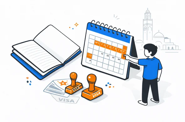 Semi-flat isometric vector illustration of a large open passport with visible blank pages, next to a calendar and visa stamp icons, representing passport validity and blank pages for Morocco visa, abstract faceless character pointing at the calendar, deep blue and turquoise colors with terracotta accents, minimalist white and grey background with subtle Moroccan skyline silhouette