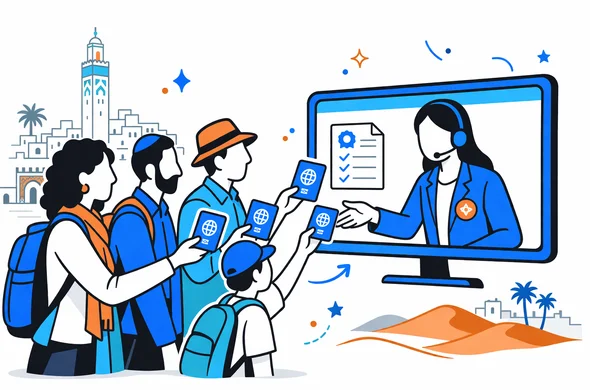 Flat vector illustration of a diverse travel group handing passports to a digital visa agent on a large screen, symbolizing a group application for Morocco visas, abstract faceless characters, calm efficient atmosphere, deep blue and turquoise palette with warm terracotta highlights, minimalist background with a faint outline of a Moroccan medina and desert dunes