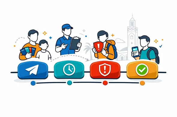 Flat or semi-flat vector illustration, clean lines, modern tech feel, 2D with slight isometric depth. A calm roadmap timeline with four checkpoints as rounded cards labeled in English: Submitted, In Review, Fix Needed, Approved. Abstract faceless neutral characters: a parent holding several passports, a tour leader holding a clipboard, and a traveler holding a smartphone with a status progress bar. Primary palette deep blue and turquoise (Aid-Air brand), with Morocco accent colors Moroccan red and warm desert sand and gold. Minimal white and light grey background with a faint line-art silhouette of the Hassan II Mosque in Casablanca. Add subtle icons: clock, shield, checkmark. Calm, organized, efficient, safe atmosphere. No photorealism, no facial details, no small readable text.