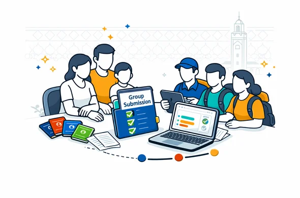 Semi-flat vector illustration, clean lines, modern tech feel, light isometric perspective. A warm family and an organized travel group gathered around a table, using one central folder and a shared checklist labeled in English: Group Submission. Include passports, printed documents, and a tablet with a checklist, plus a laptop showing a simple status dashboard. Abstract faceless neutral characters with simple geometric shapes, no distinct facial features. Primary palette deep blue and turquoise (Aid-Air style), with Morocco accent colors Moroccan red and warm desert sand. Minimal white and light grey background with a faint silhouette of the Koutoubia Mosque in Marrakech and subtle geometric Moroccan tile line pattern. Calm, cooperative, organized, safe atmosphere. No photorealism, no facial details, no small readable text.