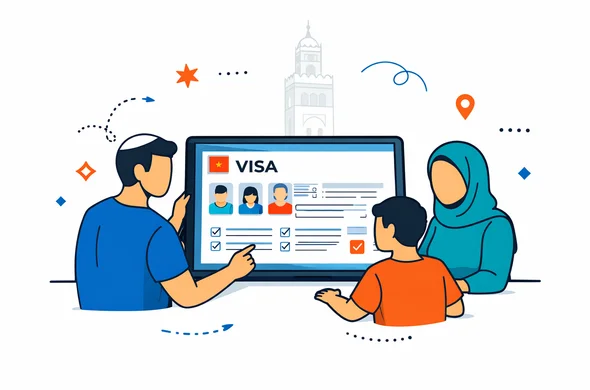 Semi flat vector illustration of a group of abstract travelers preparing a shared visa application for Morocco on a large tablet screen, deep blue and turquoise as primary colors with warm red Moroccan accents, calm and efficient atmosphere, minimalist white background with a faint silhouette of the Koutoubia Mosque in Marrakech, faceless neutral characters in 2D modern tech style