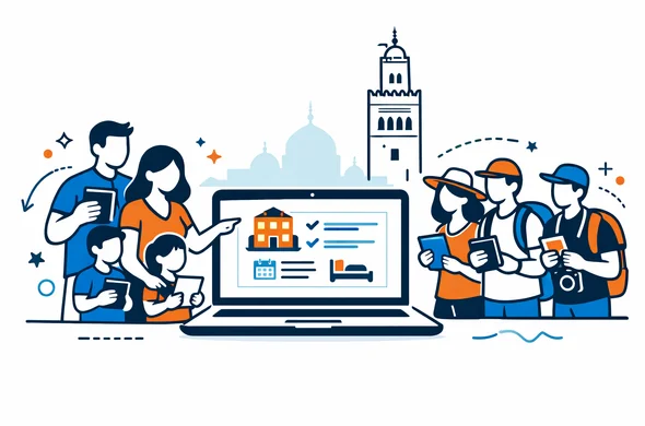 Flat vector illustration of a family and a group of travelers planning a trip to Morocco around a laptop showing a hotel booking confirmation, deep blue and turquoise with warm Moroccan accent colors, calm and organized atmosphere, minimalist white background with a faint silhouette of Marrakech skyline and Koutoubia Mosque, modern tech style, faceless characters holding passports and documents