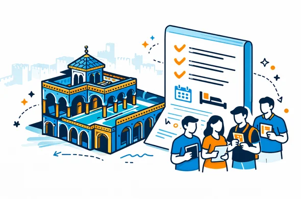 Semi flat isometric illustration of a traditional Moroccan riad building next to a large hotel booking document with check marks, deep blue and turquoise with golden Moroccan accent colors, safe and efficient atmosphere, minimalist white background with faint outline of Moroccan city walls, faceless abstract characters holding passports and confirmation papers