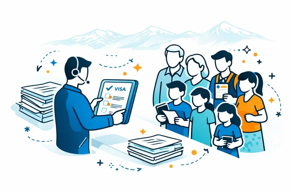 Flat vector illustration of an aid agent helping a big family group complete Morocco visa application forms on a tablet, stacks of neatly organized documents, deep blue and turquoise color palette with subtle Moroccan accent color, calm and safe atmosphere, minimalist background with faint outline of Atlas Mountains, faceless abstract characters