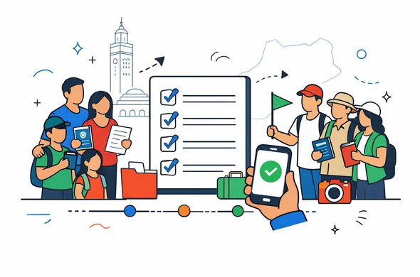 Flat or semi-flat vector illustration, modern tech feel, isometric composition. An Israeli family and an organized roots tour group stand around a large checklist board for entry preparation, holding passports, printed visa pages, and a smartphone with a green approval icon. Clean lines, calm organized atmosphere, subtle UI elements like folder icons and a timeline. Primary palette deep blue and turquoise, with Morocco inspired accents of Moroccan red, emerald green, and warm desert sand. Minimalist white and light grey background with a faint outline silhouette of the Hassan II Mosque in Casablanca and a subtle map outline of Morocco. Faceless abstract characters, neutral skin tones, no distinct facial features, not photorealistic, high resolution vector.
