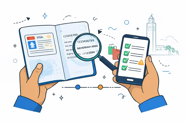 Semi-flat vector illustration, isometric close-up scene. Abstract hands hold an open passport with a visa sticker area, a magnifying glass highlighting passport number, full name, and dates. Next to it, a smartphone displays a neat checklist with green checkmarks and one warning icon. Deep blue and turquoise primary palette with Moroccan red and warm sand accents. Minimalist white background with a faint outline silhouette of the Koutoubia Mosque in Marrakech. Calm, organized, safe, clean lines, modern tech feel, faceless characters, neutral skin tones, no distinct facial features, not photorealistic.