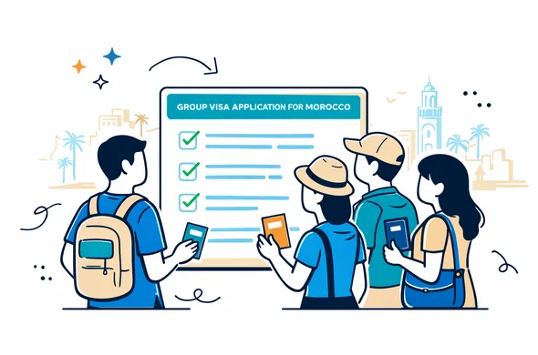 Semi flat vector illustration, 2D perspective, deep blue and turquoise palette with sand colored accents, group of abstract faceless tour members standing around a large digital checklist interface labeled group visa application for Morocco, each holding a passport, calm efficient mood, minimal background with outline of Marrakech old city skyline