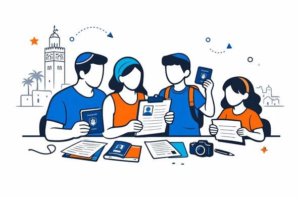 Flat vector illustration of an Israeli family with parents and two children preparing Morocco visa documents at a desk, calm and organized atmosphere, deep blue and turquoise primary colors with warm Moroccan orange accents, faceless abstract characters holding passports and forms, minimalist white background with faint outline of Marrakech skyline and Koutoubia Mosque, modern semi-flat isometric style, clean tech feel
