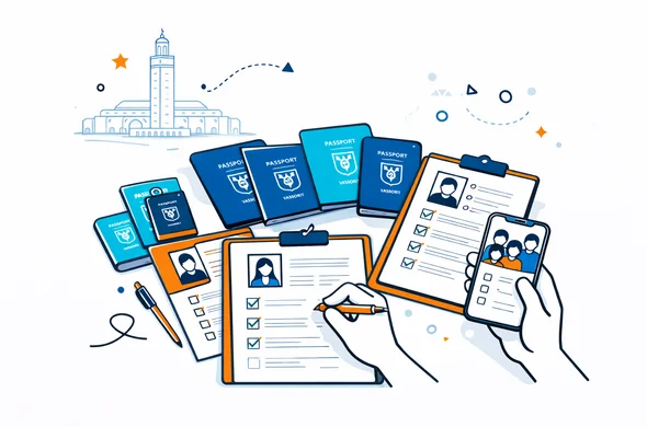 Semi-flat vector illustration of neatly organized visa documents and passports for multiple family members on a desk, deep blue and turquoise main colors with warm Moroccan orange accent, faceless abstract hands holding a checklist and a smartphone, calm and efficient atmosphere, minimalist light background with faint outline of Casablanca Hassan II Mosque, clean 2D style