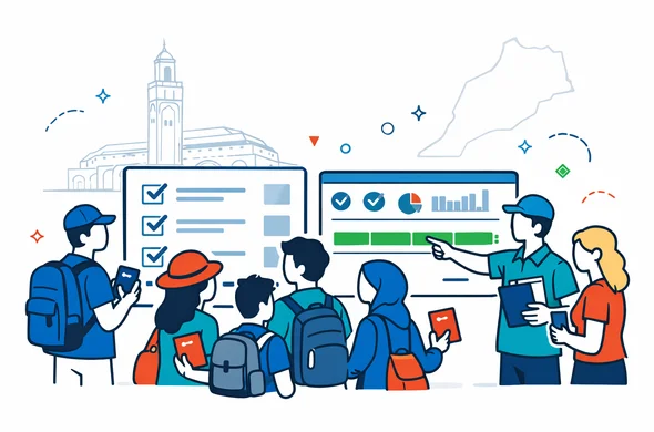 Flat semi flat vector illustration, clean lines, modern tech feel, isometric composition. A friendly organized travel group from Israel with faceless abstract characters gathered around a large digital checklist and a simple dashboard with generic progress icons, no readable text. Several characters hold passports and smartphones, one coordinator points to a group submission status bar. Calm safe atmosphere, efficient and orderly. Primary colors deep blue and turquoise, accent colors Moroccan red and subtle green. Minimal white and light grey background with a faint line art silhouette of the Hassan II Mosque in Casablanca and a soft outline map of Morocco. No photorealism, no facial features, no logos.