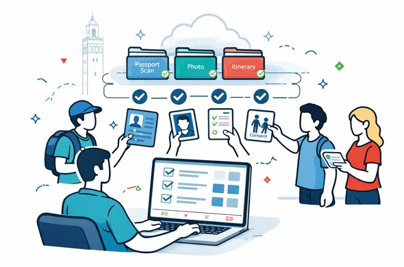 Flat semi flat vector illustration, modern tech operations vibe, clean lines, 2D or isometric. A faceless abstract coordinator sits with a laptop showing a simple checklist dashboard with generic icons, no readable text. Several abstract travelers hand over document icons: passport scan, portrait photo, itinerary, parental consent. A cloud folder system with organized labels and progress ticks. Calm and safe atmosphere, efficient and orderly. Primary colors deep blue and turquoise, accent colors Moroccan red and subtle green. Minimal white and light grey background with a faint outline silhouette of the Koutoubia Mosque minaret in Marrakech. No photorealism, no facial features, no logos.
