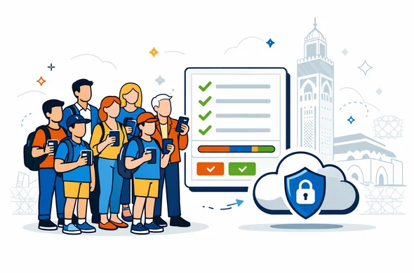 Flat or semi-flat vector illustration, clean lines, modern tech feel, 2D composition. Faceless abstract group of 8 to 12 people representing students and teachers, standing together and holding passports and smartphones. Next to them, a large floating UI panel shows a checklist with checkmarks, a progress bar, and clear status badges. Add a secure cloud upload icon with a shield to represent safety and privacy. Primary palette deep blue and turquoise with Morocco accent colors warm terracotta, saffron, and golden sand. Minimal white and light grey background with a faint outline silhouette of the Hassan II Mosque in Casablanca and subtle Moroccan geometric pattern. Calm organized safe atmosphere, no photorealism, no logos, no readable text.