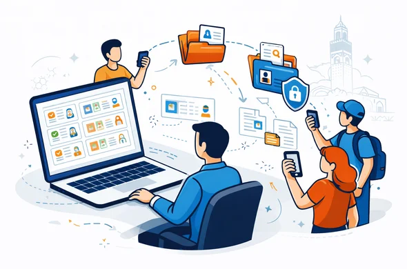 Isometric flat vector illustration with clean lines and a modern tech interface. A faceless visa coordinator sits at a laptop. The screen shows a dashboard grid of multiple traveler cards with passport and photo icons and simple status indicators, plus a shared folder panel. Around the coordinator, abstract characters upload documents from phones as floating file cards moving into the secure folder. Include lock and shield icons to communicate privacy and security. Primary colors deep blue and turquoise with Morocco accent colors terracotta and sand. Minimal background with a faint outline silhouette of the Koutoubia Mosque in Marrakech, soft shadows, calm efficient mood. No photorealism, no logos, no readable text.