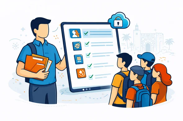 Flat vector illustration, 2D layout, clean lines, modern tech feel. A faceless teacher chaperone stands with a small group of faceless teenagers, holding a document folder and a tablet that displays a simple checklist for minors. Add icons for parental consent, passport, eVisa, and emergency contact, plus a secure cloud icon. Primary palette deep blue and turquoise with Morocco accent colors terracotta and golden sand. Minimalist background with a faint silhouette of a Moroccan kasbah gate (Bab Agnaou style) and palm trees. Calm safe organized atmosphere, no photorealism, no logos, no readable text.