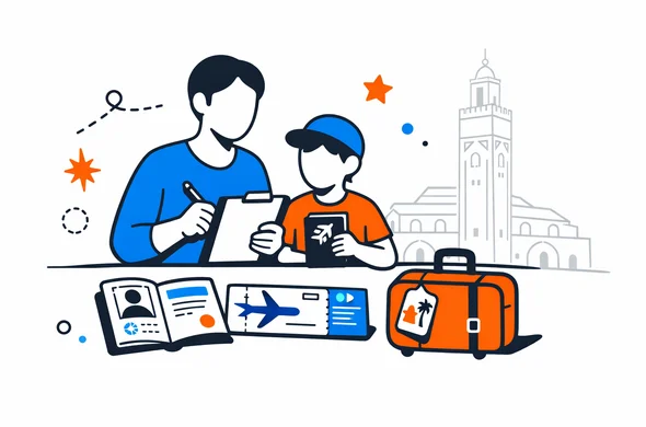 Flat vector illustration of an abstract family with one parent and a child preparing travel documents for a trip to Morocco, deep blue and turquoise primary colors with warm Moroccan terracotta orange accents, calm and organized atmosphere, minimalist white background with a faint outline of Hassan II Mosque in Casablanca, modern tech style, no facial features