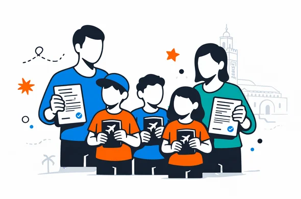 Semi-flat vector illustration of an organized travel group with adults and several children holding passports and consent documents before a trip to Morocco, deep blue and turquoise main colors with warm Moroccan orange accents, calm and efficient atmosphere, minimalist light background with a faint skyline silhouette of Moroccan medina and Hassan II Mosque, faceless abstract characters, modern tech style