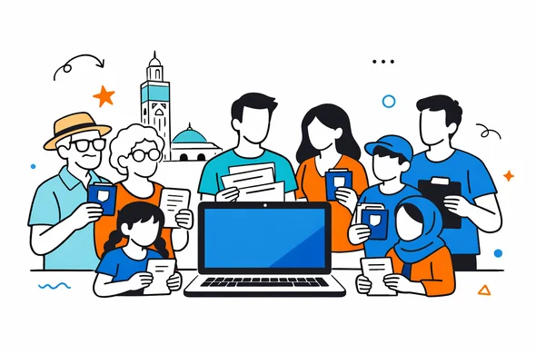 Flat semi-flat vector illustration of a multigenerational family group planning a roots trip to Morocco, abstract faceless characters holding passports and documents around a large laptop, deep blue and turquoise main colors with warm desert orange accents, calm organized atmosphere, minimalist background with a faint outline of Hassan II Mosque in Casablanca