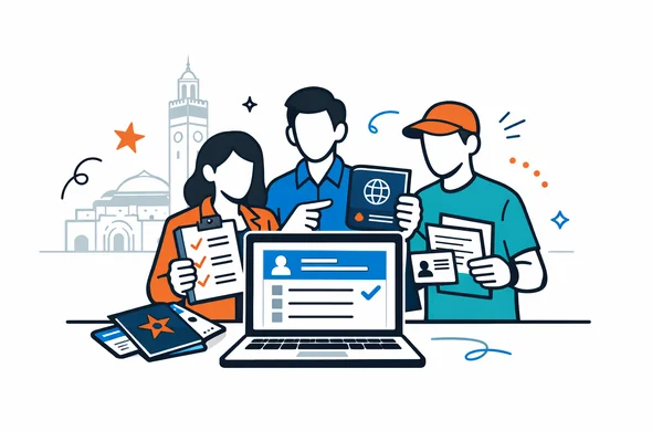 Flat vector illustration of a small group of abstract, faceless travelers reviewing business documents and passports in front of a laptop, with a digital visa form on the screen. Modern tech feel, clean lines, deep blue and turquoise as primary colors, warm terracotta accent inspired by Morocco. Minimal white background with a faint outline of the Hassan II Mosque skyline in Casablanca.