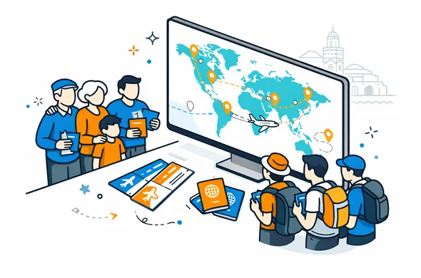 Isometric vector illustration of a small tour group and a family looking at a large digital map with flight paths and connection icons on a screen, planning a Morocco roots trip, deep blue and turquoise primary colors with warm orange accent, calm organized atmosphere, minimalist background showing a faint silhouette of Moroccan city skyline with Hassan II Mosque outline, faceless abstract characters holding passports and documents