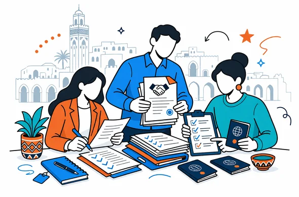 Semi-flat vector illustration of abstract, faceless characters organizing a stack of business invitation letters, passports, and checklists on a desk. Deep blue and turquoise primary colors with warm Moroccan terracotta accents. Minimal white background with a faint outline of a traditional Moroccan old city skyline and arches.