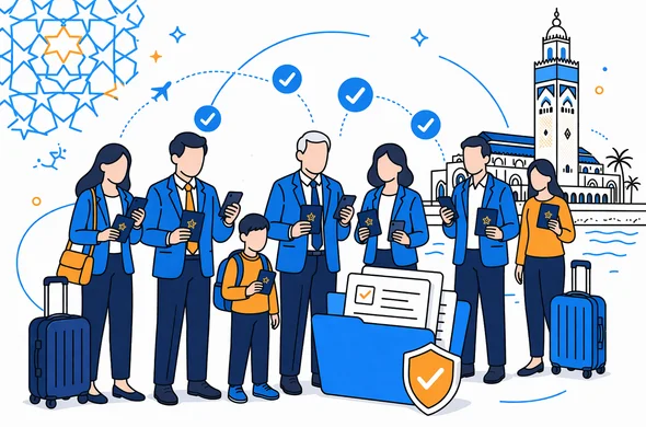 Flat or semi-flat vector illustration with clean lines and a modern tech feel, isometric composition. A faceless business delegation arriving together: abstract neutral characters of different ages, one or two family members with the group, all holding passports and smartphones. A shared folder with neatly stacked documents and floating UI checkmarks plus a shield icon for safety. Primary palette deep blue and turquoise with accent Moroccan red and warm gold. Calm organized atmosphere, minimalist white and light grey background with a faint outline silhouette of the Hassan II Mosque in Casablanca and subtle Moroccan geometric pattern elements. Not photorealistic, no distinct facial features, no readable text.