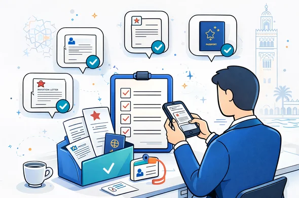 Flat vector illustration with clean lines and a modern tech UI aesthetic. A faceless coordinator scanning documents with a smartphone above a tidy desk. Document icons: invitation letter, employer letter, conference badge, passport copy, and a checklist board with checkmarks. Primary deep blue and turquoise with Moroccan red accents and small gold highlights. Minimal white and light grey background with a faint outline of the Koutoubia Mosque minaret in Marrakech, plus subtle mosaic shapes. Calm, safe, efficient vibe. Not photorealistic, no distinct facial features, no readable text.