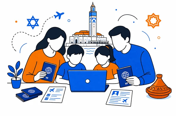 Flat or semi-flat vector illustration of an Israeli family planning a trip to Morocco on a laptop, abstract faceless characters reviewing passports and travel documents, calm and organized atmosphere, deep blue and turquoise primary colors with warm Moroccan orange accent, minimalist white background with a faint outline of Hassan II Mosque in Casablanca, clean 2D lines, modern tech feel