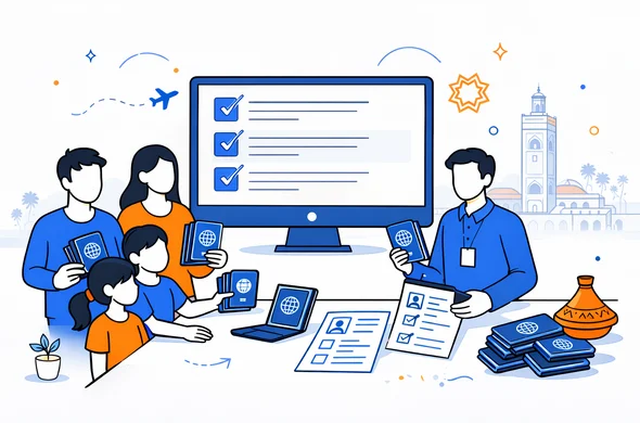 Semi-flat vector illustration of a group travel coordinator organizing multiple passports and visa documents for a family group, abstract faceless characters around a large checklist on a screen, calm and efficient mood, deep blue and turquoise main colors with Moroccan orange accent, minimalist white background with faint outline of Marrakech skyline and Koutoubia Mosque, clean 2D lines, modern digital style