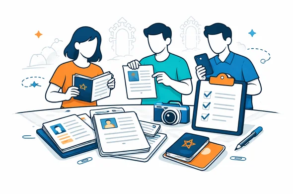Semi flat vector illustration, modern travel tech style, faceless abstract characters reviewing Morocco tourist visa documents on a desk, ordinary passport, photo, uploaded files, checklist, deep blue and turquoise palette with warm Moroccan terracotta accent, minimal white background, faint outline of Moroccan geometric arches, calm safe organized atmosphere, clean lines, not photorealistic