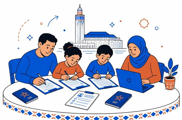 Flat vector illustration of a multicultural family sitting at a table filling in Morocco visa forms with passports and a laptop, deep blue and turquoise with warm Moroccan terracotta accents, calm organized atmosphere, minimalist white background with faint outline of Hassan II Mosque in Casablanca, modern isometric style