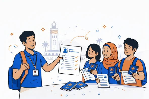 Semi flat vector illustration of a tour guide standing with a small travel group holding documents and a checklist for Moroccan visa declarations, deep blue and turquoise with warm desert orange accents, safe efficient feeling, minimalist grey background with faint outline of Marrakech skyline, 2D modern style