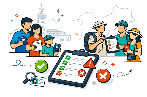 Flat vector illustration, isometric, clean lines, modern tech feel. Deep blue and turquoise primary palette with Morocco accent colors: terracotta red, desert sand gold, subtle green touches. Abstract faceless neutral characters representing a family and an organized tour group holding passports, documents, and a checklist on a tablet. Calm, organized, safe atmosphere. Minimal white and light grey background with a faint outline silhouette of the Hassan II Mosque in Casablanca and a subtle Morocco map outline. UI icons for validation and error checking, no photorealism.