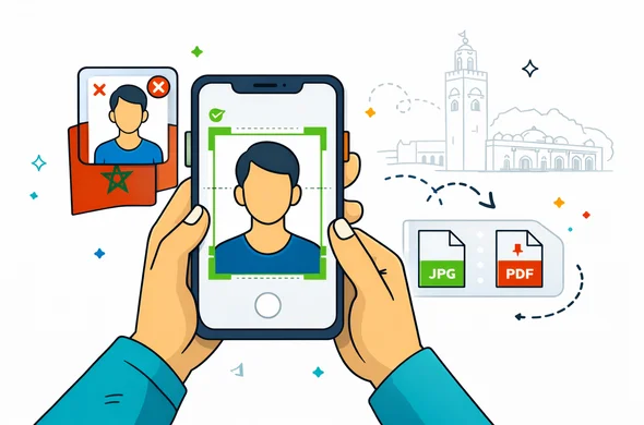 Semi-flat 2D vector illustration, clean lines, modern tech feel. Deep blue and turquoise primary palette with Morocco accent colors: warm red, subtle green, and golden sand. Abstract faceless neutral character using a smartphone to capture a passport photo, with UI overlays showing correct head position, neutral background, and file upload indicators (JPG, PDF). Calm, secure, organized atmosphere. Minimal light grey background with a faint outline silhouette of the Koutoubia Mosque in Marrakech. No photorealism, high clarity.
