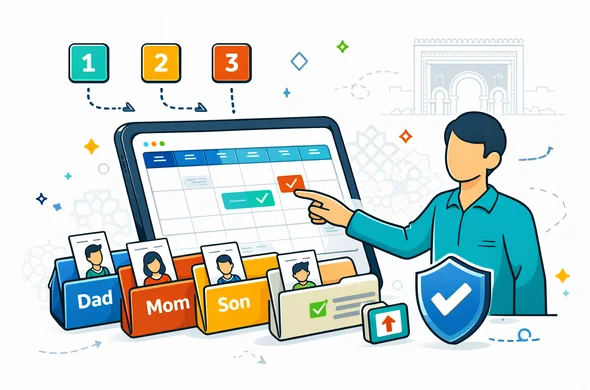 Flat vector illustration, isometric, clean lines, modern tech feel. Deep blue and turquoise primary palette with Morocco accent colors: warm red and golden sand. Abstract faceless neutral group leader coordinating appointments on a calendar app, multiple document folders labeled by family members, queue number icons, verification checkmarks, and a security shield symbol. Calm, organized, safe atmosphere. Minimal white and light grey background with a faint outline silhouette of Bab Bou Jeloud gate in Fes and subtle Moroccan geometric pattern. No photorealism.