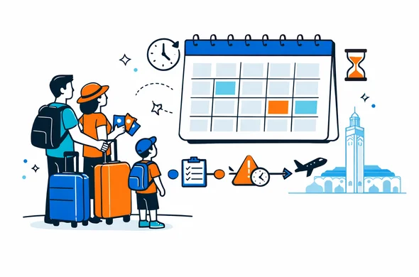 A flat vector illustration in deep blue and turquoise with warm Moroccan accent colors, showing an abstract family with suitcases and passports looking at a large calendar and timeline for a Morocco visa process, calm and organized atmosphere, minimalist white background with a faint silhouette of Hassan II Mosque in Casablanca
