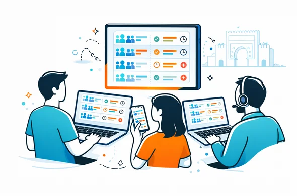 A modern 2D vector illustration of a travel agent team tracking multiple Morocco visa applications on laptops and smartphones, group list and status icons on screens, abstract people in neutral colors, deep blue and turquoise palette with warm Moroccan accents, minimal white background with a faint silhouette of a traditional Moroccan city gate