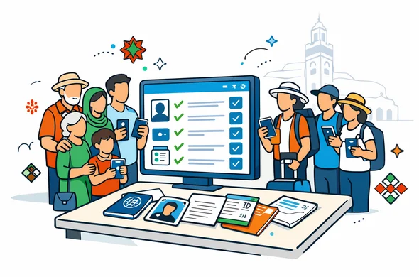 Flat or semi-flat vector illustration, clean lines, modern tech feel, slight isometric angle. A warm multi-generational family and an organized tour group (faceless abstract characters, neutral skin tones) standing around a turquoise and deep blue digital visa checklist dashboard, holding passports and phones, with neatly arranged documents on a table. Accent colors inspired by Morocco: Moroccan red and green decorative geometric motifs. Calm, organized, efficient, safe atmosphere. Minimalist white and very light grey background with a faint outline silhouette of the Hassan II Mosque in Casablanca. No photorealism, no text, no logos.