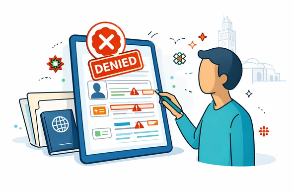 Flat vector illustration, clean lines, modern tech vibe, 2D. A tablet showing a digital visa application form with highlighted fields and small warning icons, beside a passport and a tidy folder. A stylized red denied stamp icon over the form. An abstract faceless character calmly pointing to the mismatched fields with a turquoise pen, conveying guidance and confidence. Primary palette deep blue and turquoise, with Morocco accent red and green. Minimalist white and light grey background with a faint outline silhouette of the Koutoubia Mosque minaret in Marrakech. No photorealism, no text, no logos.