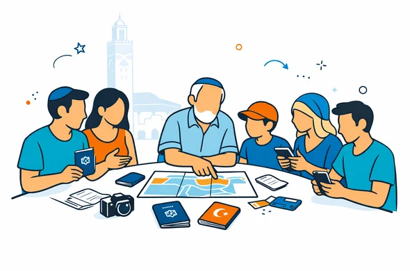 Flat semi-flat vector illustration, Israeli family and friends planning a roots trip to Morocco around a large table with passports, documents and phones, deep blue and turquoise as primary colors with warm desert orange accents, calm and organized atmosphere, minimalist white background with a faint silhouette of the Hassan II Mosque in Casablanca, faceless abstract characters, modern tech feel, 2D style