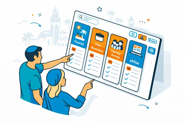 Isometric flat vector illustration of a comparison board showing different Morocco visa types for Israeli travelers, cards labeled tourist, business, family group, and eVisa, deep blue and turquoise interface with warm Moroccan orange accents, calm and organized atmosphere, minimalist grey-white background with faint outline of Marrakech skyline and palm trees, faceless abstract characters pointing at the board, modern UI elements, 2D style