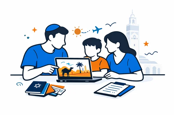 Flat vector illustration of an abstract Israeli family planning a trip to Morocco on a laptop, passports and documents on the table, deep blue and turquoise primary colors with warm desert orange accents inspired by Morocco, calm and organized atmosphere, minimalist white background with a faint silhouette of the Hassan II Mosque in Casablanca, modern 2D tech style, no facial features