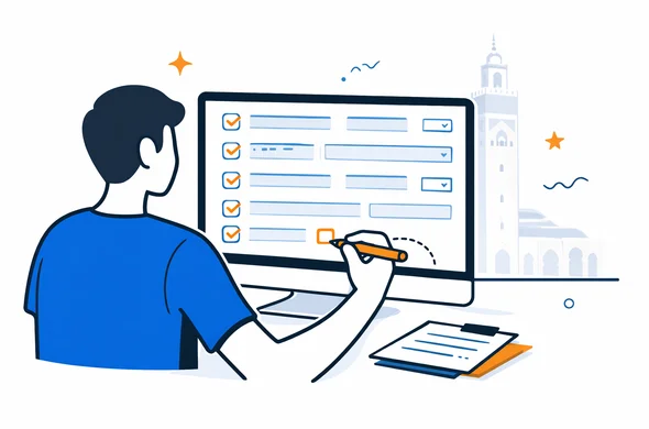 Semi flat vector illustration of an abstract character filling out a Morocco visa application form on a computer screen, close up of digital form fields and checkmarks, deep blue and turquoise colors with desert orange accents, calm and efficient office atmosphere, minimalist light background with a faint outline of a Moroccan city skyline, 2D illustration, no facial features