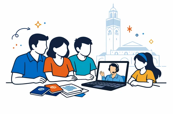 Flat vector illustration of an Israeli family planning a roots trip to Morocco with an online visa consultant on a laptop; abstract faceless characters sitting around a table with passports and documents; deep blue and turquoise primary colors with warm red and gold Moroccan accents; calm organized atmosphere; minimalist white background with a faint outline of the Hassan II Mosque in Casablanca; modern 2D style