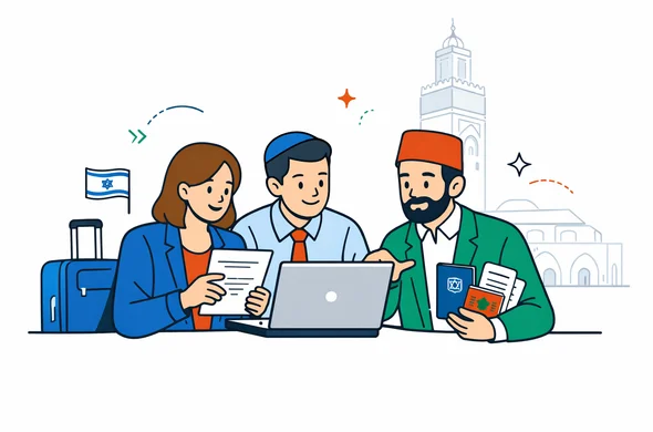 Flat vector illustration of abstract business travelers from Israel and a Moroccan company representative reviewing an invitation letter and visa documents on a laptop, deep blue and turquoise with Moroccan red and green accents, minimalist white background with a faint outline of the Hassan II Mosque in Casablanca, calm organized and efficient atmosphere